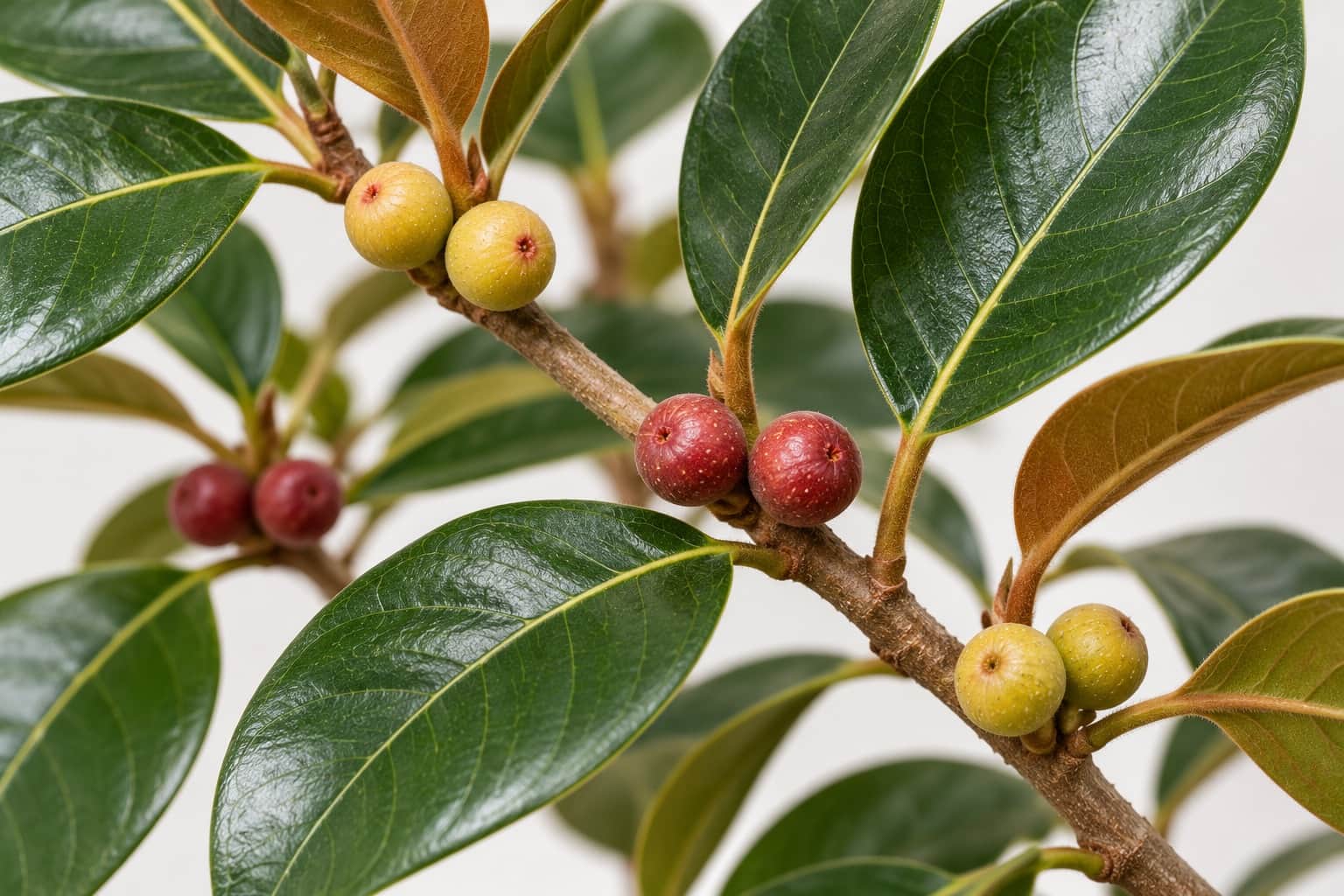 フランスゴムの花：フランスゴム（フィカス・ルビギノーサ）の枝の葉の付け根に、直径1cmほどの小さな丸い花嚢が2個ずつ柄なしでつき、黄色いものと赤く熟したものが混じっている様子