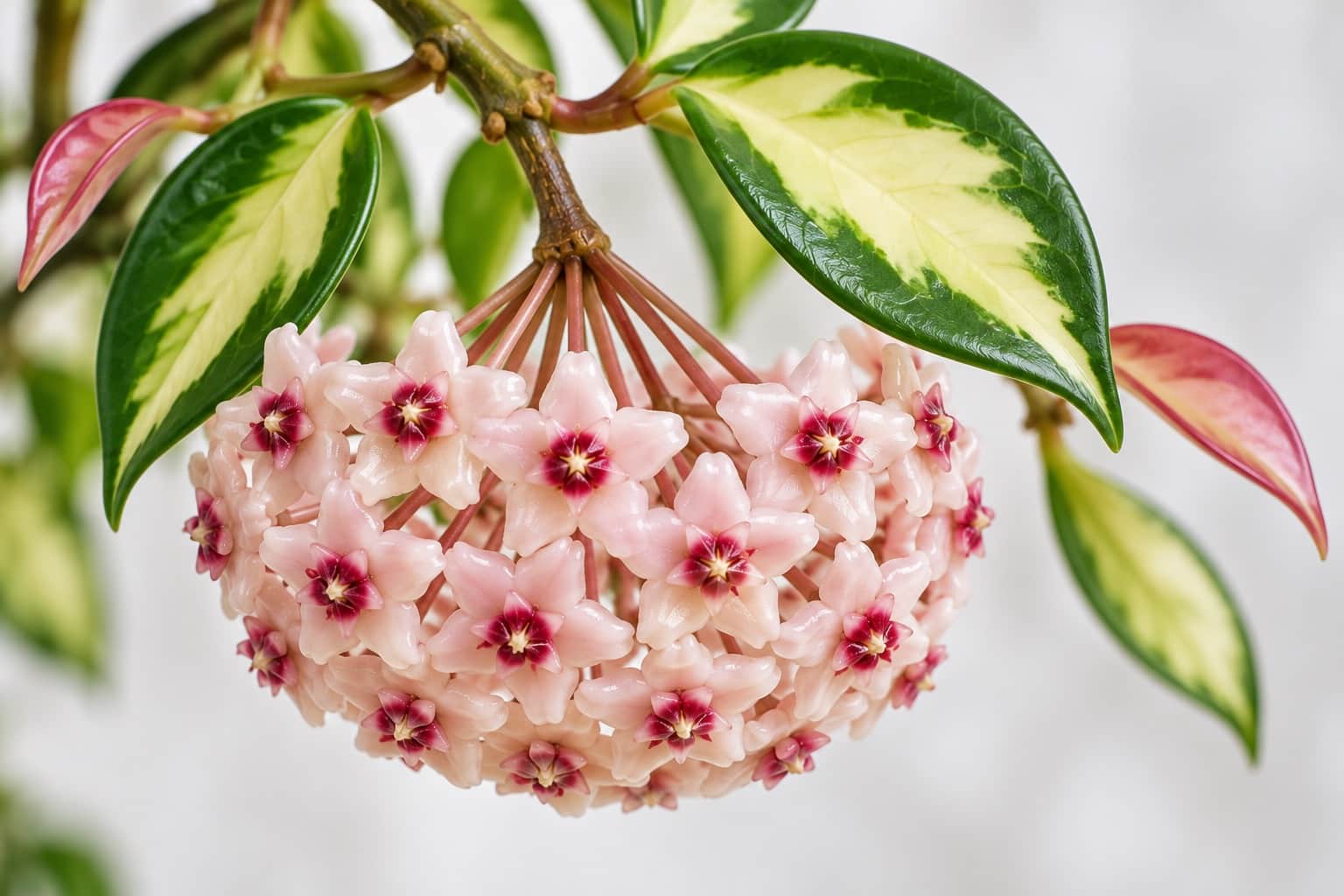 ホヤ・クリムソンプリンセスの花：ホヤ・クリムソンプリンセスの花：中心に黄色い斑が入り縁が濃い緑の肉厚な楕円形の葉と、ピンクに色づいた新芽の間から