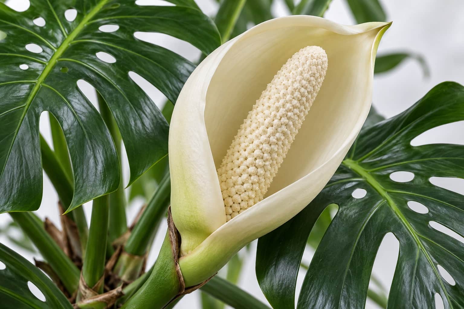 モンステラの花：深い切れ込みと穴のある大きな濃緑の葉の間から、クリーム色〜白の大きな舟形の仏炎苞が開き、中央に太くクリーム色の棒状の肉穂花序がある