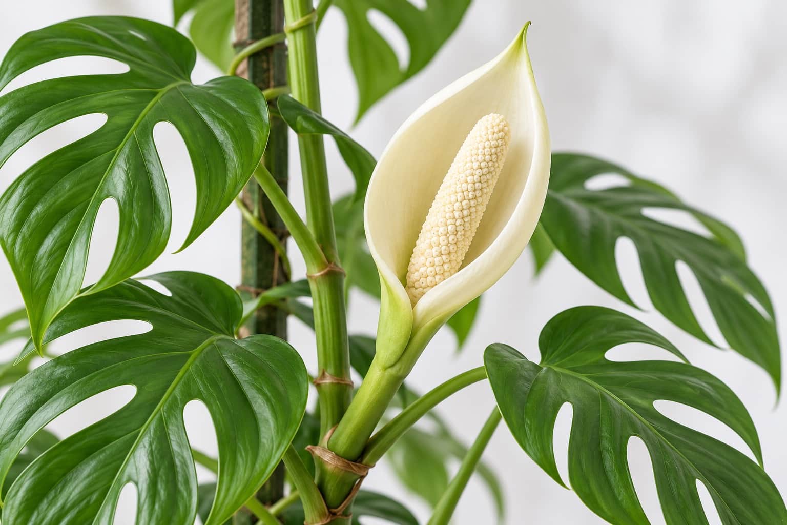 ヒメモンステラの花：ヒメモンステラの花：白〜クリーム色の舟形の仏炎苞が、クリーム色の太めの棒状の肉穂花序を包んでいる
