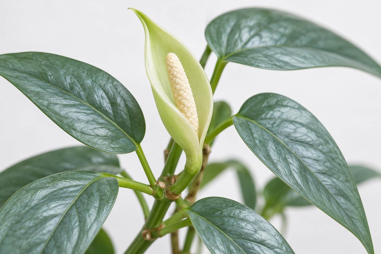ポトス・セブブルーの花：青みがかった銀緑色の光沢をもつ細長い槍形の葉が茂るポトス・セブブルーのつるの節から、長さ6cmほどの淡い緑〜クリーム色の仏炎苞が、クリーム色の棒状の肉穂花序を包むように控えめに咲いている様子