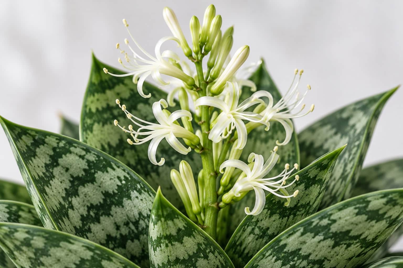 サンスベリア・ハニーの花：濃い緑に淡い灰緑の横縞が入る、短く幅広の肉厚な葉がロゼット状に重なるサンスベリア・ハニーの株の間から、低い花茎が立ち上がり、白〜淡い緑の細い筒状の小花が房になって咲いている