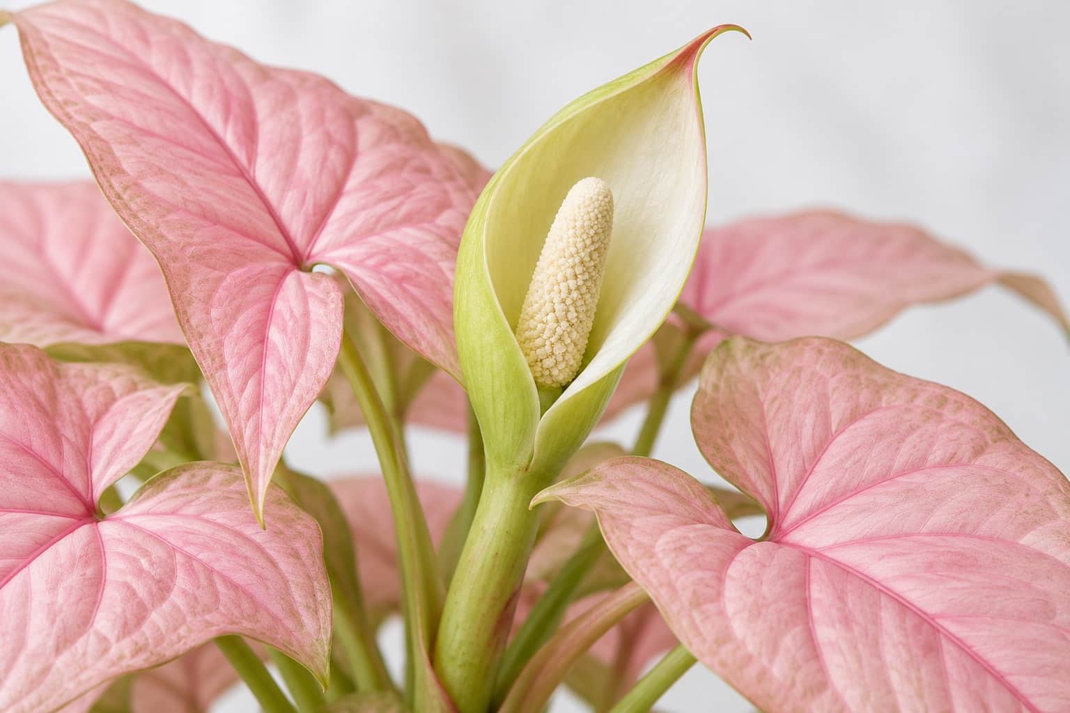 シンゴニウム・ネオンの花：全体が淡いピンクに染まった矢じり形の葉の間から、外側が淡い緑で内側がクリーム色の仏炎苞が開き、その中にクリーム色の棒状の肉穂花序が立っている様子