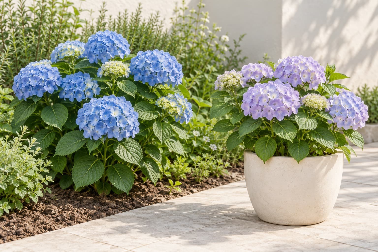 花壇に地植えしたアジサイと鉢植えのアジサイ
