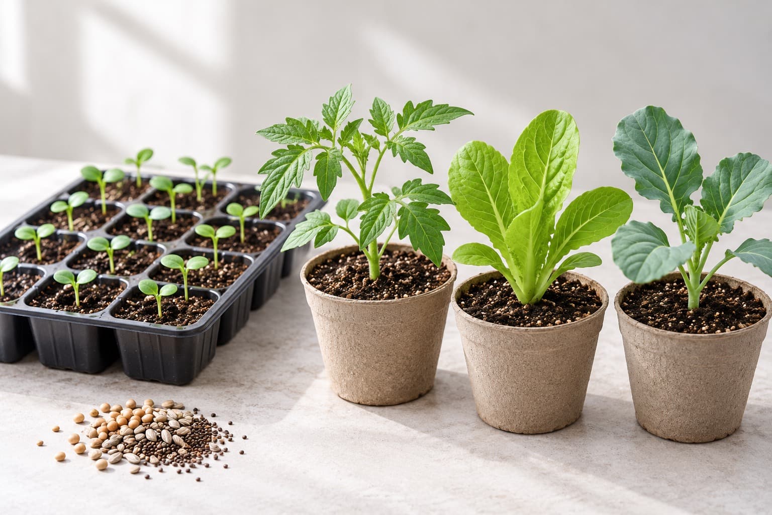 セルトレイで芽が出た種と、ポットで育った野菜の苗