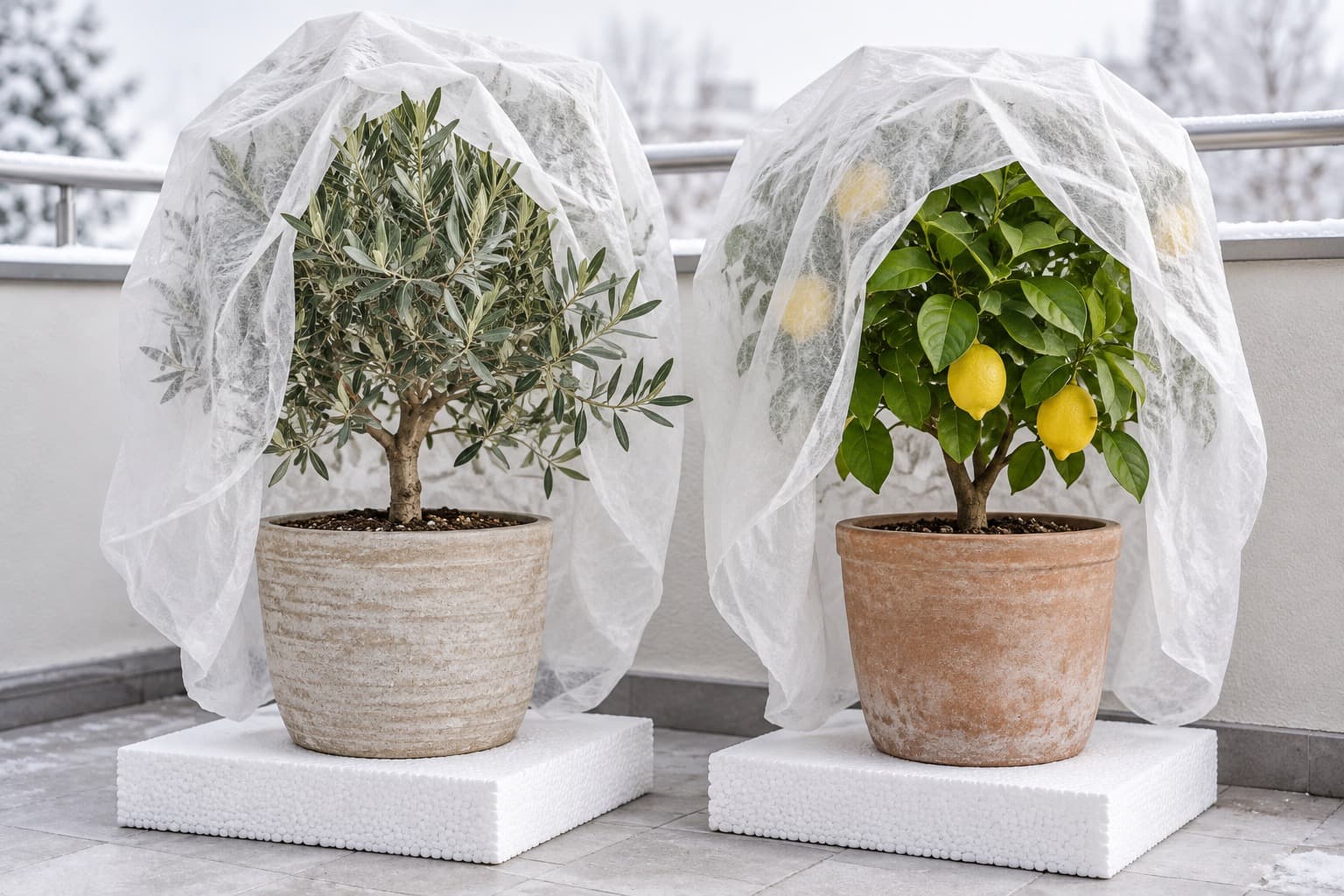 不織布をかぶせて寒さ対策をしたベランダの鉢植え
