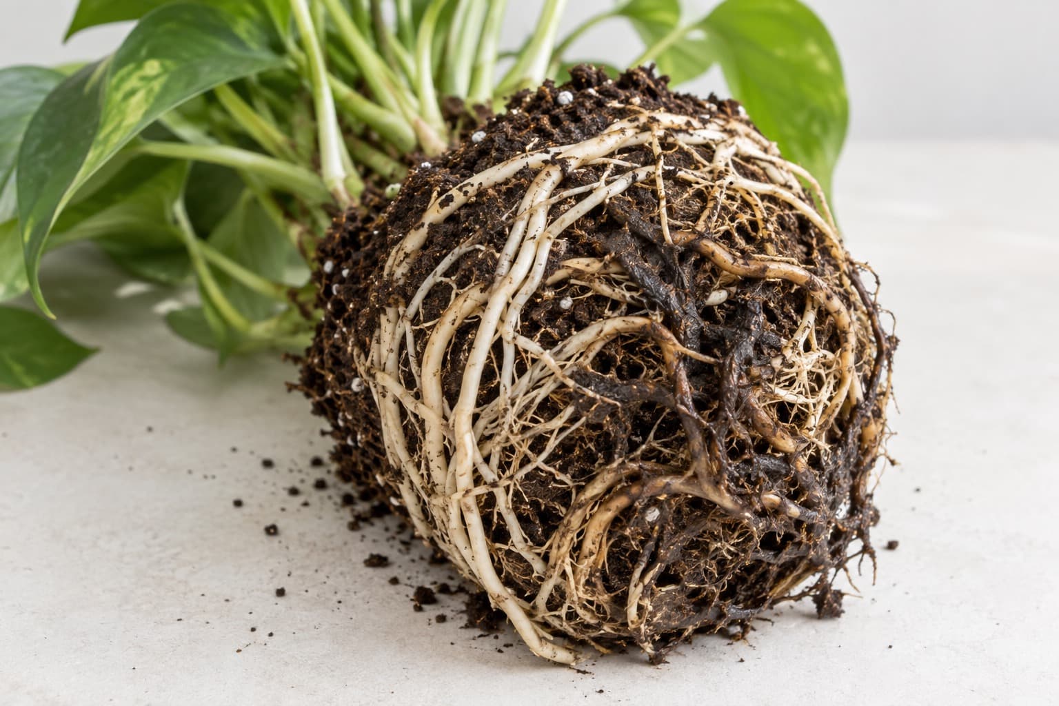 鉢から抜いた根鉢の一部が茶色く傷んだ根