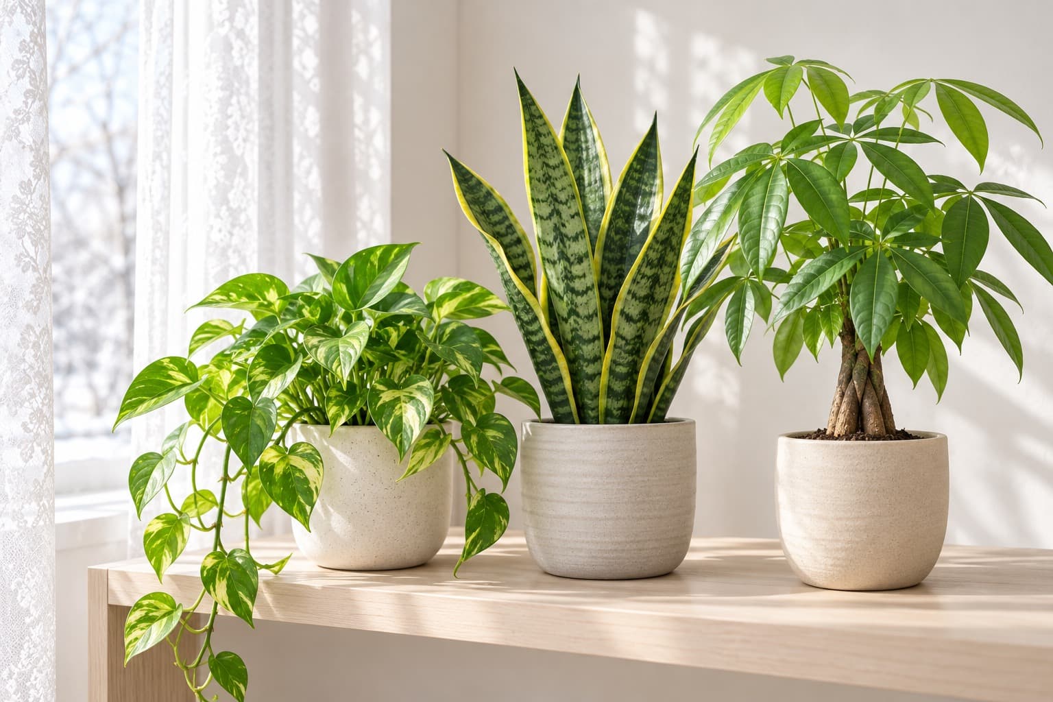冬の室内の窓辺から離れた棚に並んだ観葉植物の鉢植え