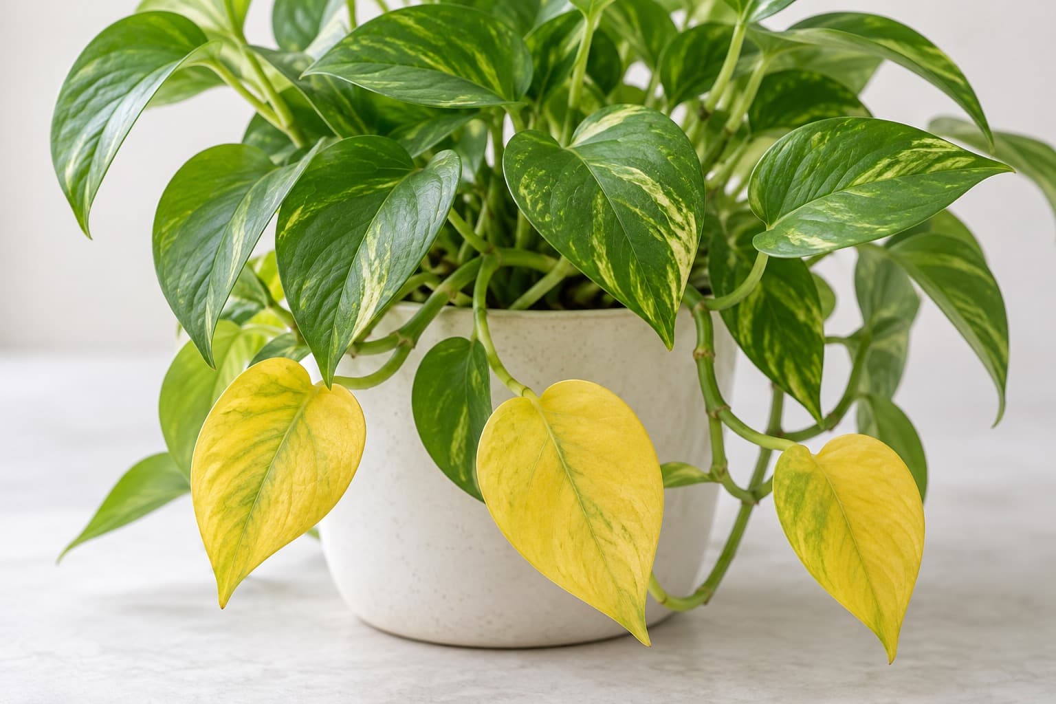 下葉が黄色く変色したポトスの鉢植え