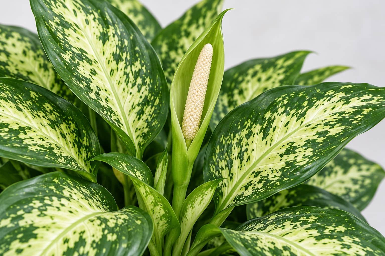 ディフェンバキア・コンパクタの花:こんもりとドーム状に茂った草丈35cmほどのディフェンバキア・コンパクタの、重なり合う葉の間から半分隠れるように立ち上がる、緑色の細長い仏炎苞とクリーム色の棒状の肉穂花序(長さ10cmほど)