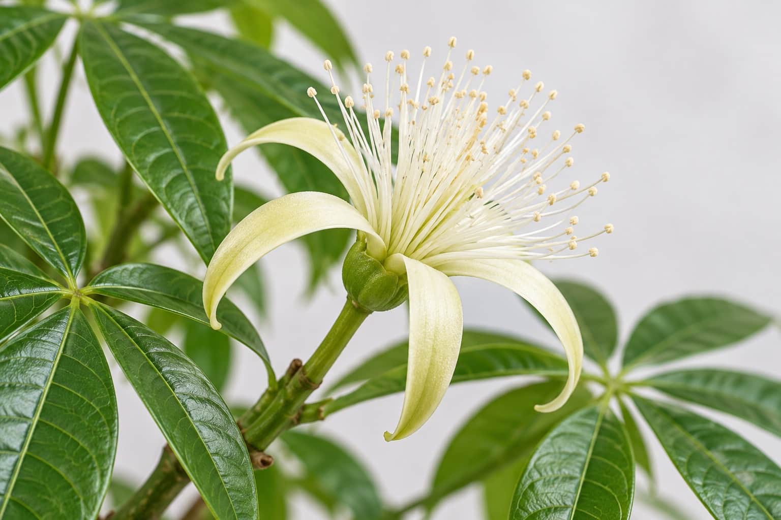 パキラの花:手のひら状に5〜7枚に分かれた光沢のある緑の葉のそばで、クリーム色〜淡い黄緑の細長い花弁5枚が外側に反り返り、中心から白く細長い雄しべが多数、筆先のように放射状に広がっている