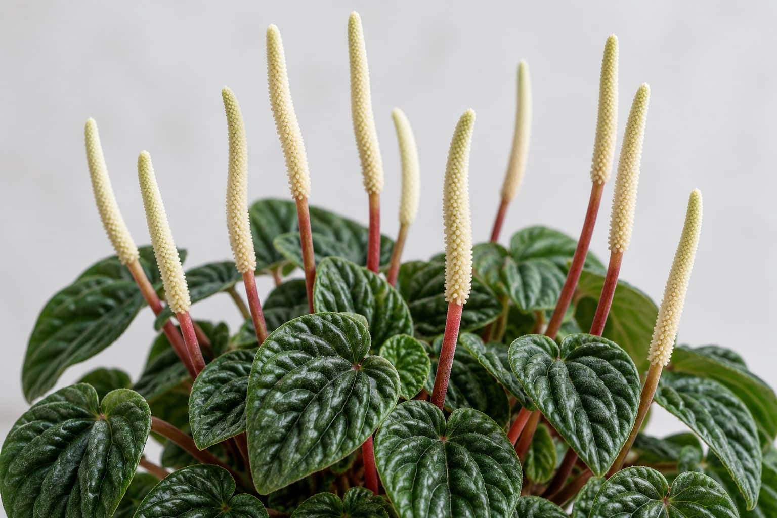 ペペロミアの花:ペペロミアの花:太さ数mm、長さ5〜10cmほどの白〜クリーム色の細い棒状の穂(花びらのない小花がびっしり付いた穂状花序)が、赤みを帯びた細い茎の先から何本もまっすぐ立ち上がる