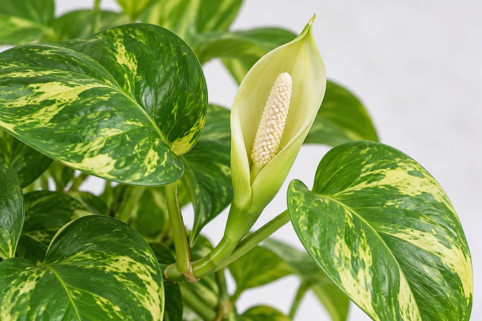 ポトスの花:黄緑の斑が入った大きめのハート形の葉の付け根から、淡い黄緑〜クリーム色の舟形の仏炎苞が伸び、その中央にクリーム色の棒状の肉穂花序が立っている