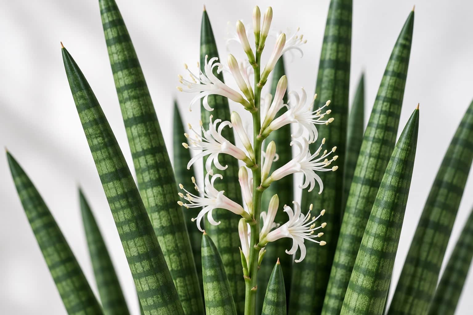 サンスベリア・シリンドリカの花:鉛筆のように細長い円柱状の濃緑の葉(淡い横縞入り)が扇形に広がる株の根元から、細い花茎がまっすぐ立ち上がり、白にうっすら桃色を帯びた細い筒状の小花(花びらの先が細く反り返る)が穂状に多数ついている様子