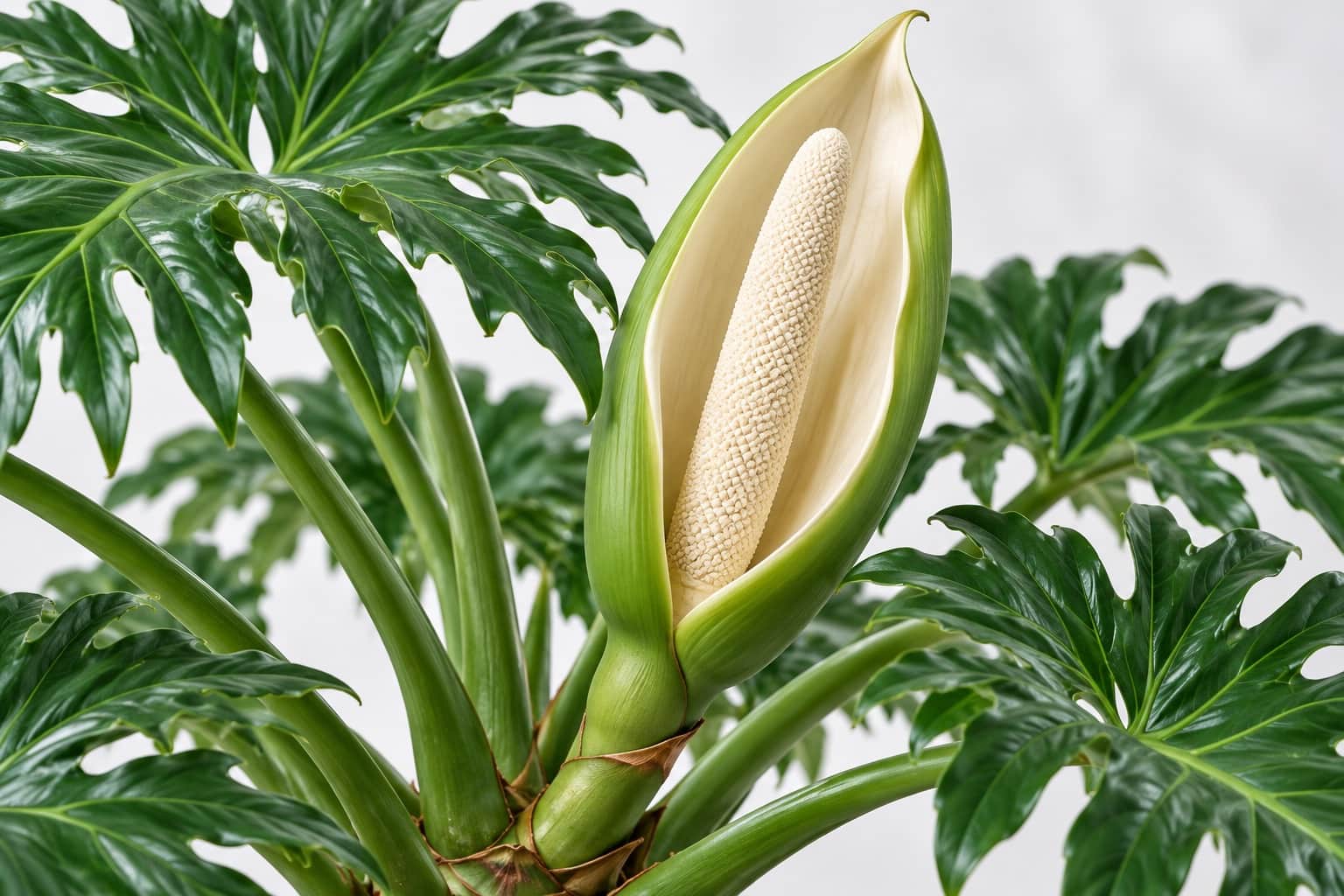 セロームの花:セロームの花:深く切れ込んだ大きな濃緑の葉の間の短い花茎から、外側が緑で内側がクリーム色の厚みのある舟形の仏炎苞が開き、中に白〜クリーム色の太い棒状の肉穂花序が立っている