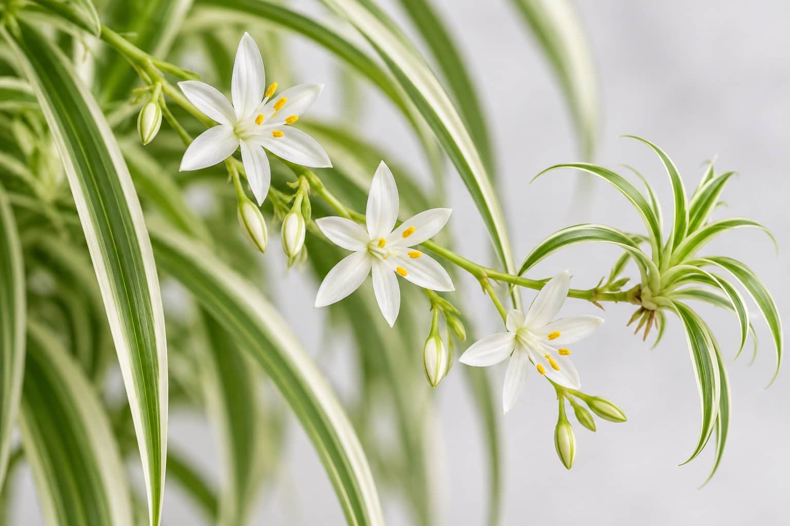 オリヅルランの花:オリヅルラン(中央に白いすじが入る細長い斑入りの葉が噴水状に広がる株)から垂れ下がる細いランナーの途中に、直径1〜2cmの白い6弁の星形の小花が数輪咲き、中心に黄色い葯が目立ち